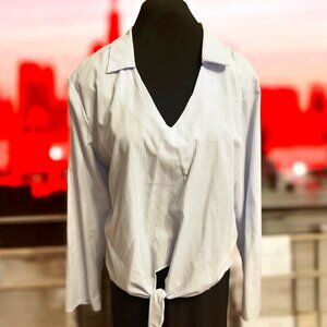 Women Plus Cotton Blouse with tie up front. Color;  Blue and White Mini vertical